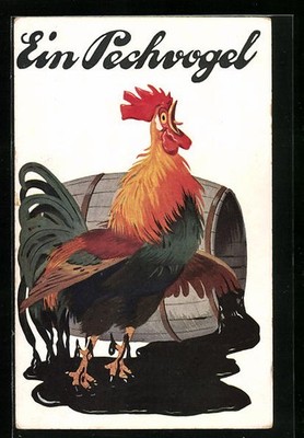 Postcard A Bad Luck Bird, Crowing Rooster Sullied With Bad Luck 