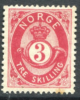 (742) VERY GOOD 1871 75 NORWAY 3sk CARMINE SG39 LIGHTLY MOUNTED MINT