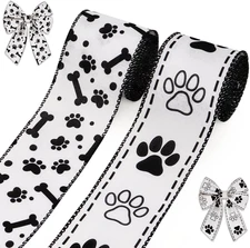 2 Rolls Dogs Paw Bone Ribbons for Crafting, 2.5 Inch × 5 Yards White Burlap Ribb