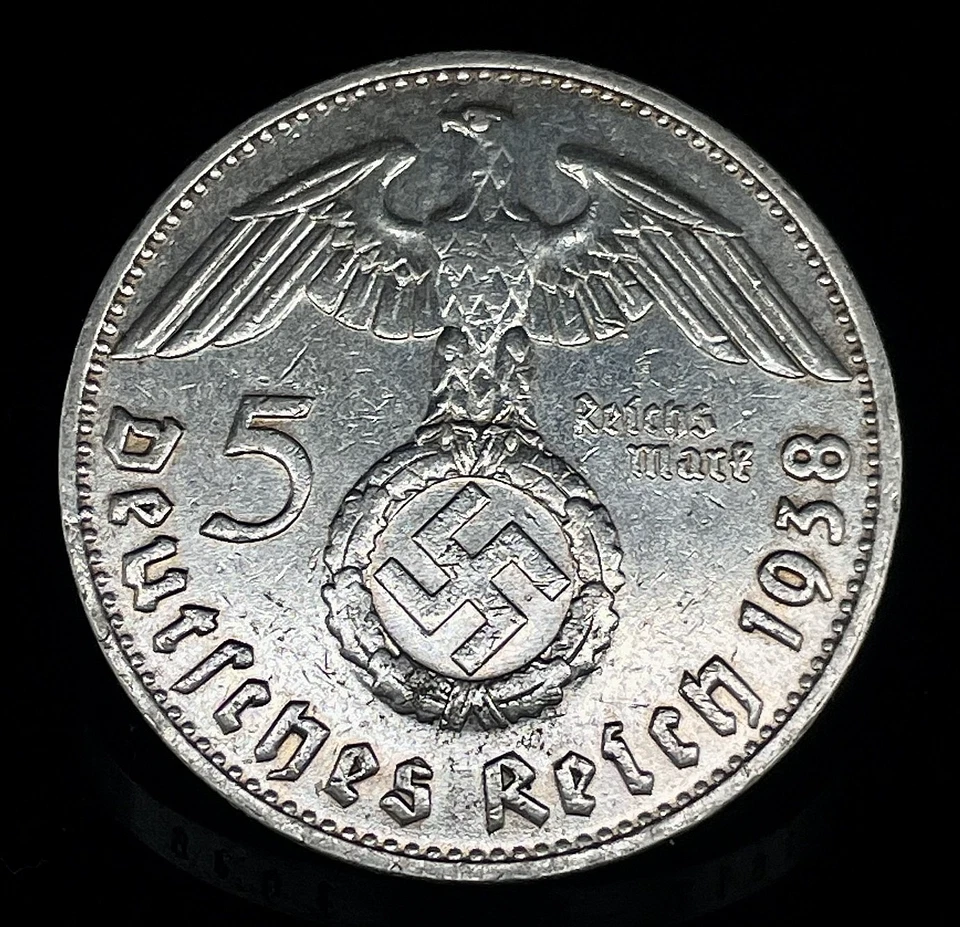 Moneda de plata Alemania doble matriz anverso acuñación error 1938 D Hindenburg 5 Reichsmark Foto 3 de 4