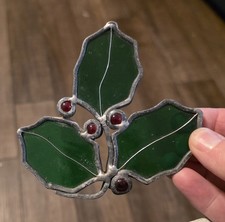 Christmas Stained Glass Holly Berry Ornament Sun Catcher Vintage 4" x 4"