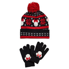 Disney Minnie Mouse Kids Knit Beanie Hat  Gloves Set Red Black Size Girls 4-6X