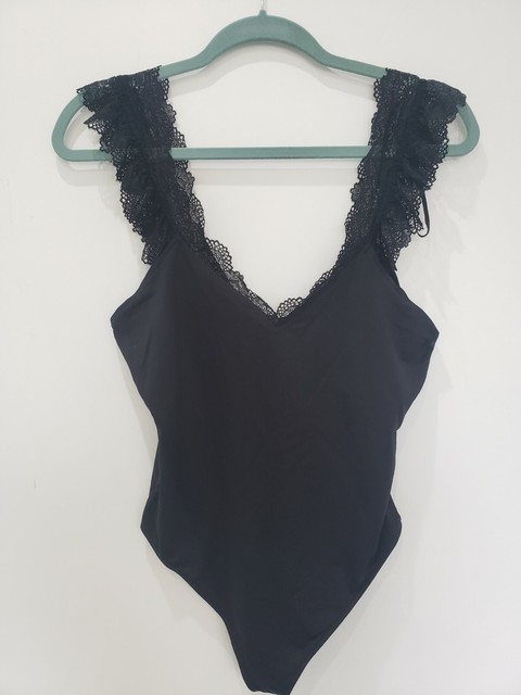 Zara womens black lace strap bodysuit v neck low back top ...