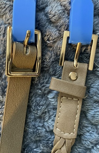 Skinny Belts Women’s Size Large 2-For-1 Brown Tan Sand Beige Gold Buckles New - Picture 2 of 11