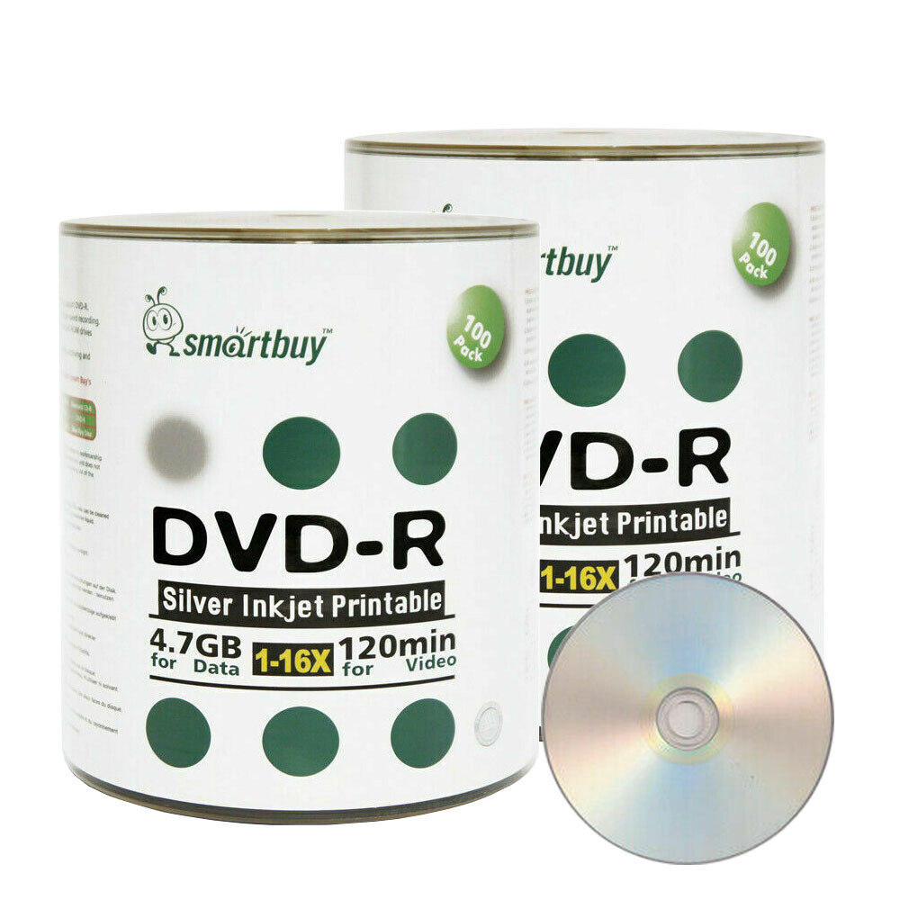 200 Smartbuy 16X DVD-R 4.7GB Silver Inkjet Printable Blank Recording ...