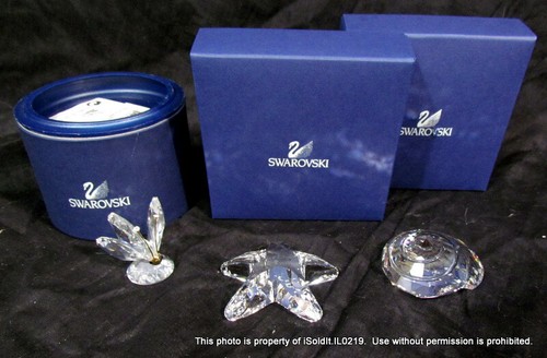 SET 3 SWAROVSKI KRISTALL FIGUREN SEESTERN, SCHNECKE, SCHMETTERLING in Boxen Vintage
