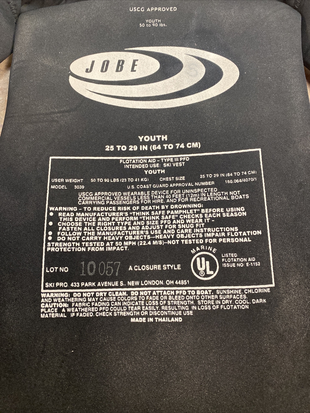 JOBE Life Jacket Vest Youth 5090 Lbs Water Ski Neoprene Vest USCG