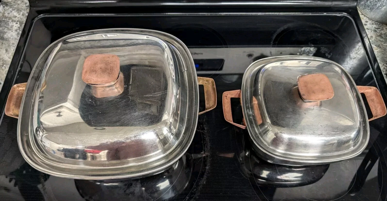 Lot Of 2 Vtg Bridgeport Copperware Square 5qt Dutch Oven & 2qt Casserole Pot/Lid