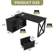 55" L Shaped Computer Desk Adjustable File Drawer LED Light w/ USB Power Outlet