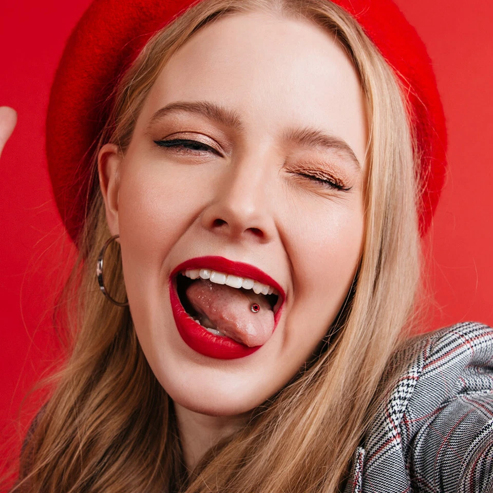 Anillos de lengua con incrustaciones de globo ocular de acero quirúrgico 316L 14G 5/8"  Foto 2 de 4