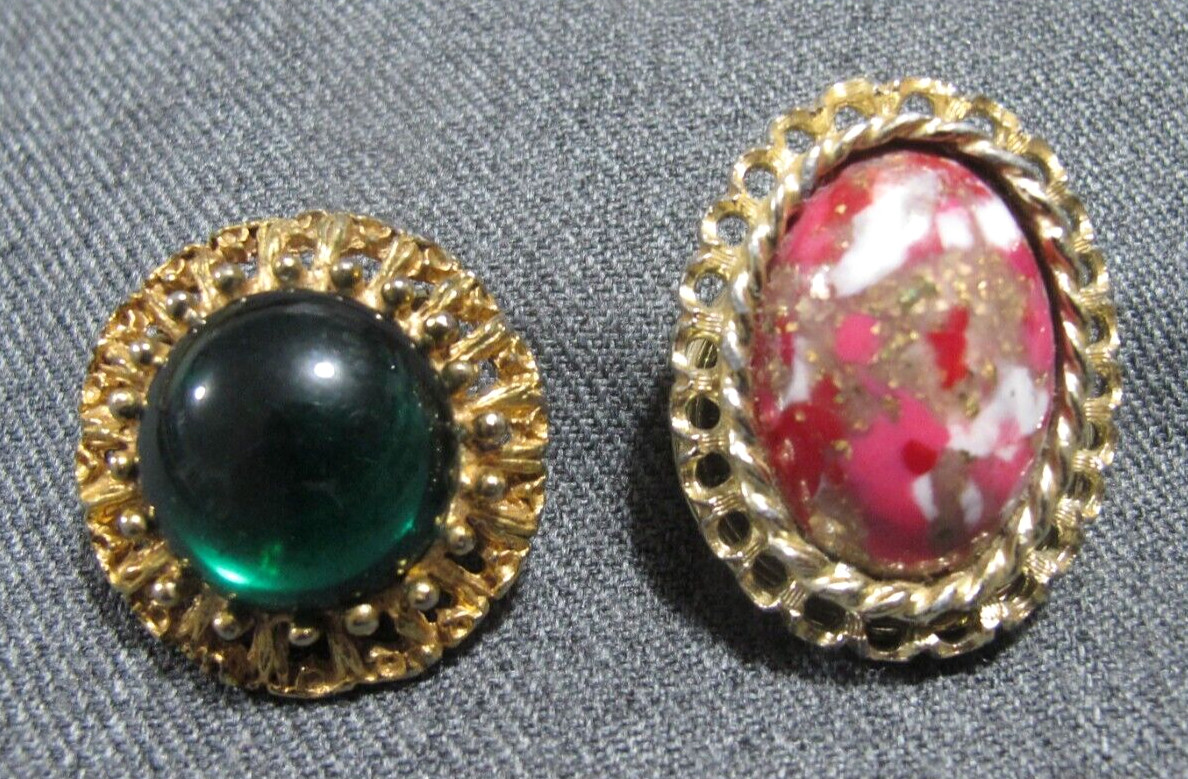 Vintage green glass cab flower pin brooch + marbled resin goldtone scarf clip /