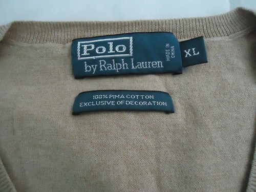 Polo Ralph Lauren Mens Sweater Sz XL Beige V Neck Pullover 100% Pima Cotton - Picture 3 of 6