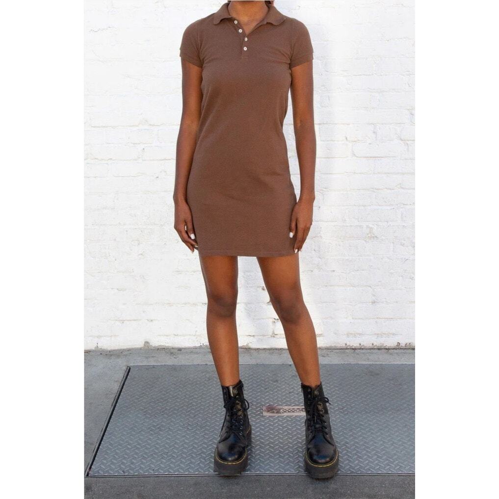 Brandy Melville Womens Paula Polo Brown Pique Cotton Preppy Dress