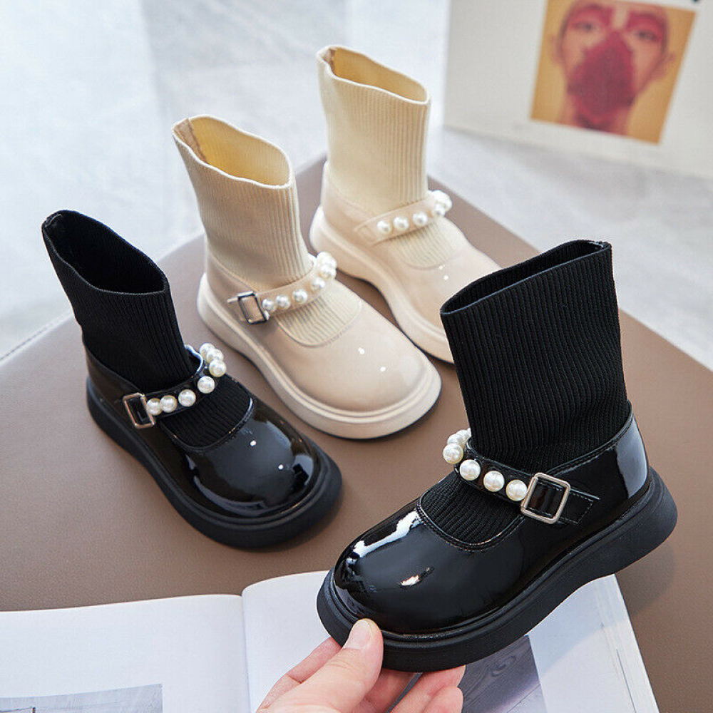 Kids Girls Boots Winter Ankle Low Heel Pearl Chelsea Shoes Toddler