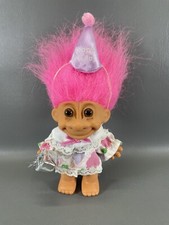 Russ Troll Doll Happy Birthday Hat Present Dress Hot Pink Hair Amber Eyes 4"