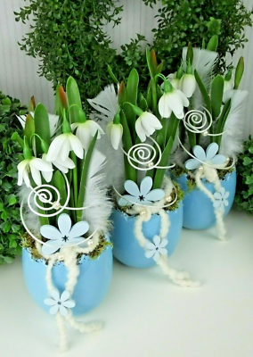Tischdeko, Tischgesteck, Gesteck, Schneeglöckchen, Frühling, Ostern, weiß-blau