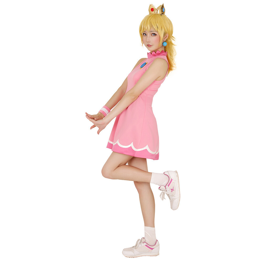 Women Princess Tennis Dress Pink Peach Cosplay Costume with Crown and Earrings Women Princess Tennis Dress Pink Peach Cosplay Costume with Crown and Earrings