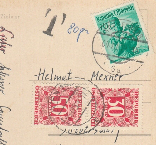 AUSTRIA Rare Taxed Postcard by 30 & 50 Gr. Postage Due Send internal 1959