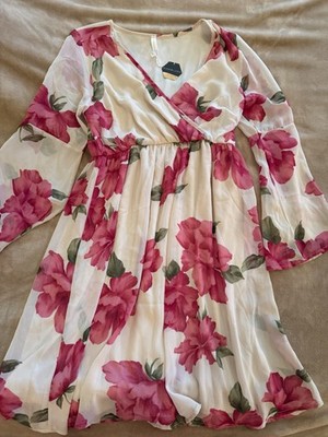 NWT Pinkblush Ivory Floral Chiffon Long Sleeve Dress Size Medium