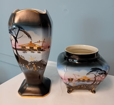 Vintage Art Deco Soudan JB Made in England Black and Gold Ceramic Vase and Jar 