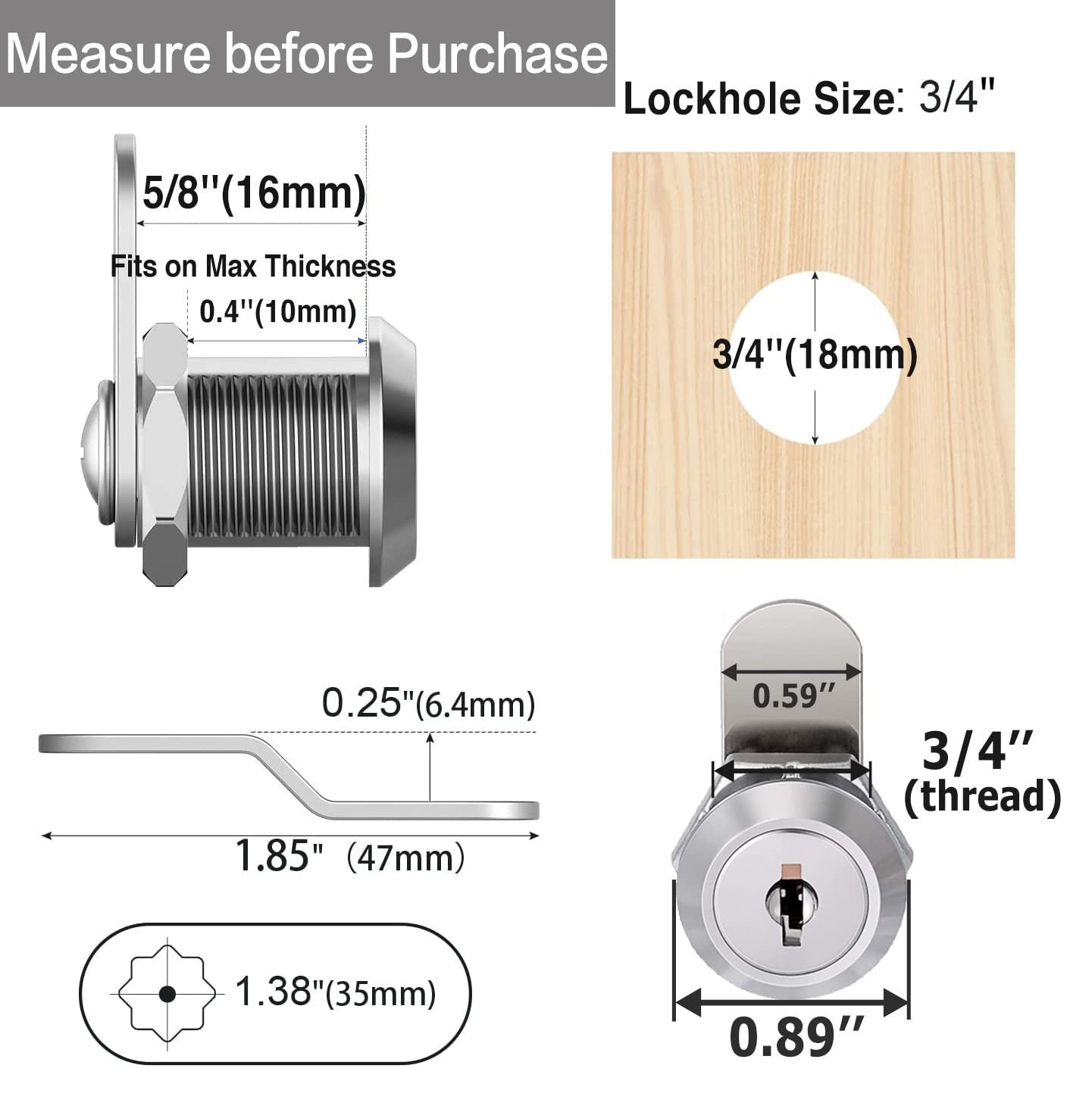 Cabinet Cam Locks Keyed Alike 5/8'' Fits on 3/8'' Max Door Thickness Secure F...