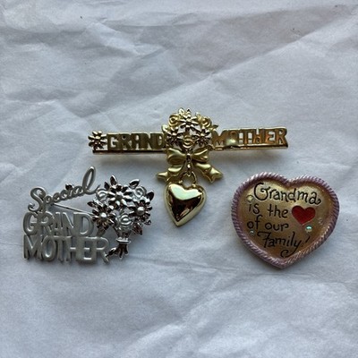 3 Vintage Grandmother Brooch Pins Gold & Silver Tone Signed AJC, Danecraft, AJMC