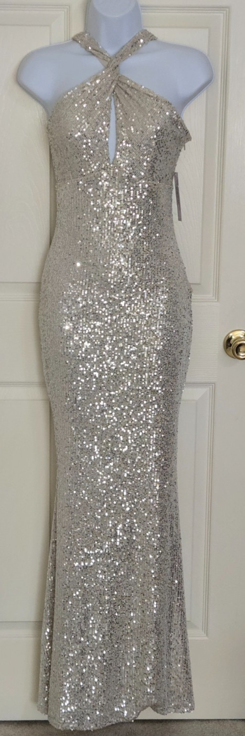 Venus Silver Sequin Keyhole Halter Gown Women's S Silver NWT