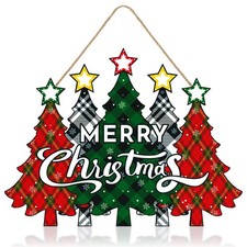 Wooden Merry Christmas Door Sign,Christmas Tree Door Wreath for Front Sign Wa...