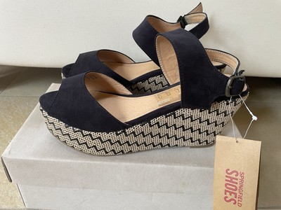 NEU Springfield Plateau Pantoletten Sandalen Sandaletten Bast Schwarz Muster 39