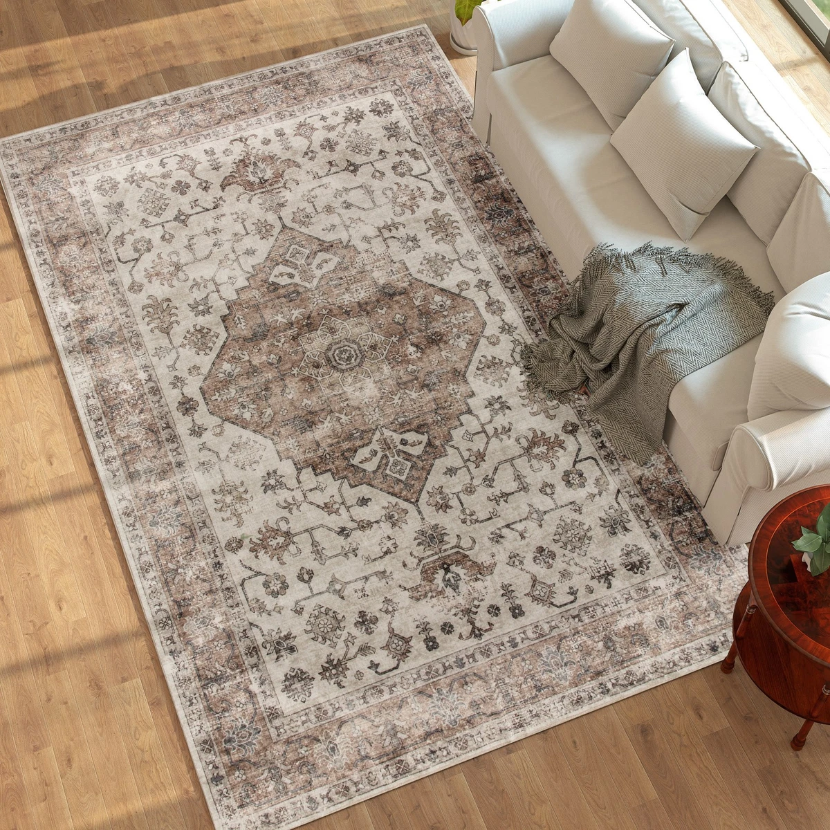 Alfombra Turca Vintage Color Beige - Tejido Plano, Lavable A Máquina, Antideslizante, Diseño Oriental