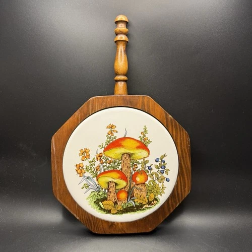 Vintage Mushroom Tile Trivet Wood Framed With Handle Hanger Retro 1970s - product listing photo