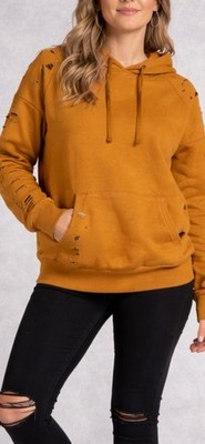 Chelsea DeBoer Distressed Hoodie Pullover Women M Mustard Grunge