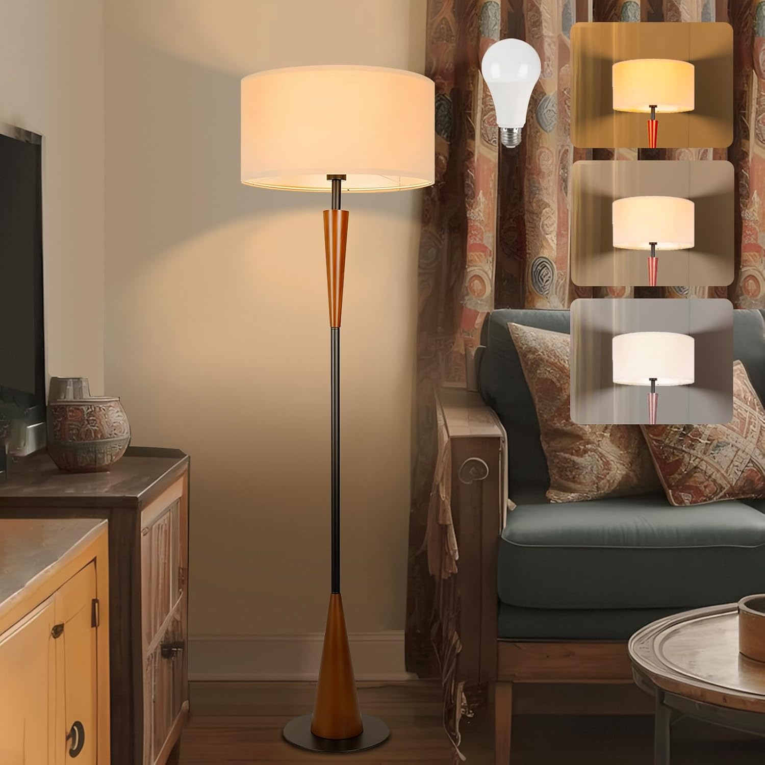 Modern Wood Floor Lamp with 3 Color Temperatures & Linen Shade for Living Room-image