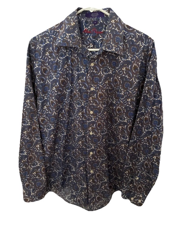 Alan Flusser Men's M Paisley Long Sleeve Collared Cotton Shirt Blue Brown White