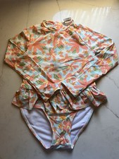 Snapper Rock Long Sleeve Rashguard Swimsuit Size 6 FLOWERS ORANGE RUFFLES