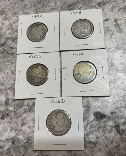 5 Barber Dime Lot 1898 (2) 1912S, 1914, 1916-D 90% Silver
