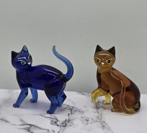 Vintage Hand Blown Art Glass Cat Figurines Pair Blue & Amber Murano Style
