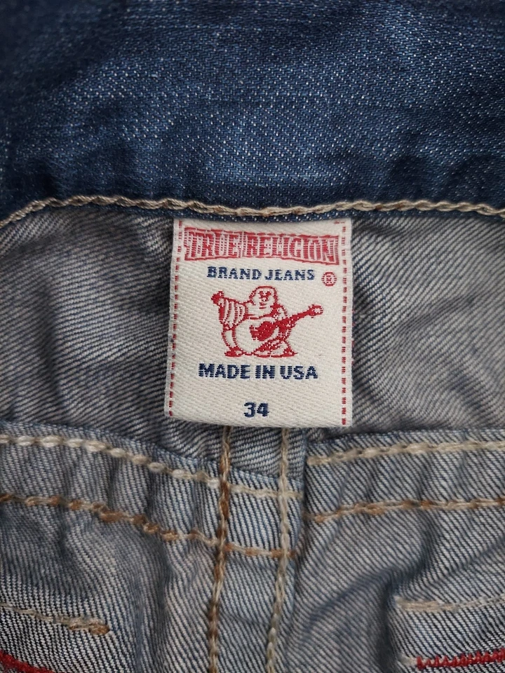 Pantalones de mezclilla True Religion para hombre 34 azules bolsillos rectos con solapa cosidos rojos logotipo de EE. UU. Foto 4 de 4