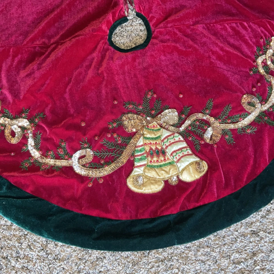 Christmas Tree Skirt Red & Forest Green Velvet Gold Bells, Beaded, Satin Back - Image 3 of 4