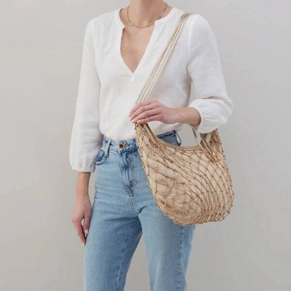 NWT HOBO Kira Shoulder Bag Mystic Gold Leather Macrame W/ Canvas - Image 4 of 4