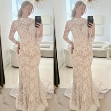 Champagne Muslim Mermaid Wedding Dresses High Neck Long Sleeve Lace Bridal Gowns