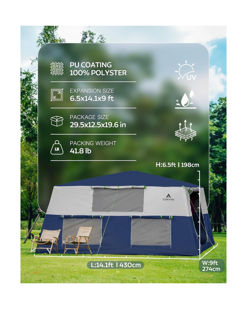 14.1'x6.5'x9' Inflatable Tents for Camping, Portable 6/8/10 Person