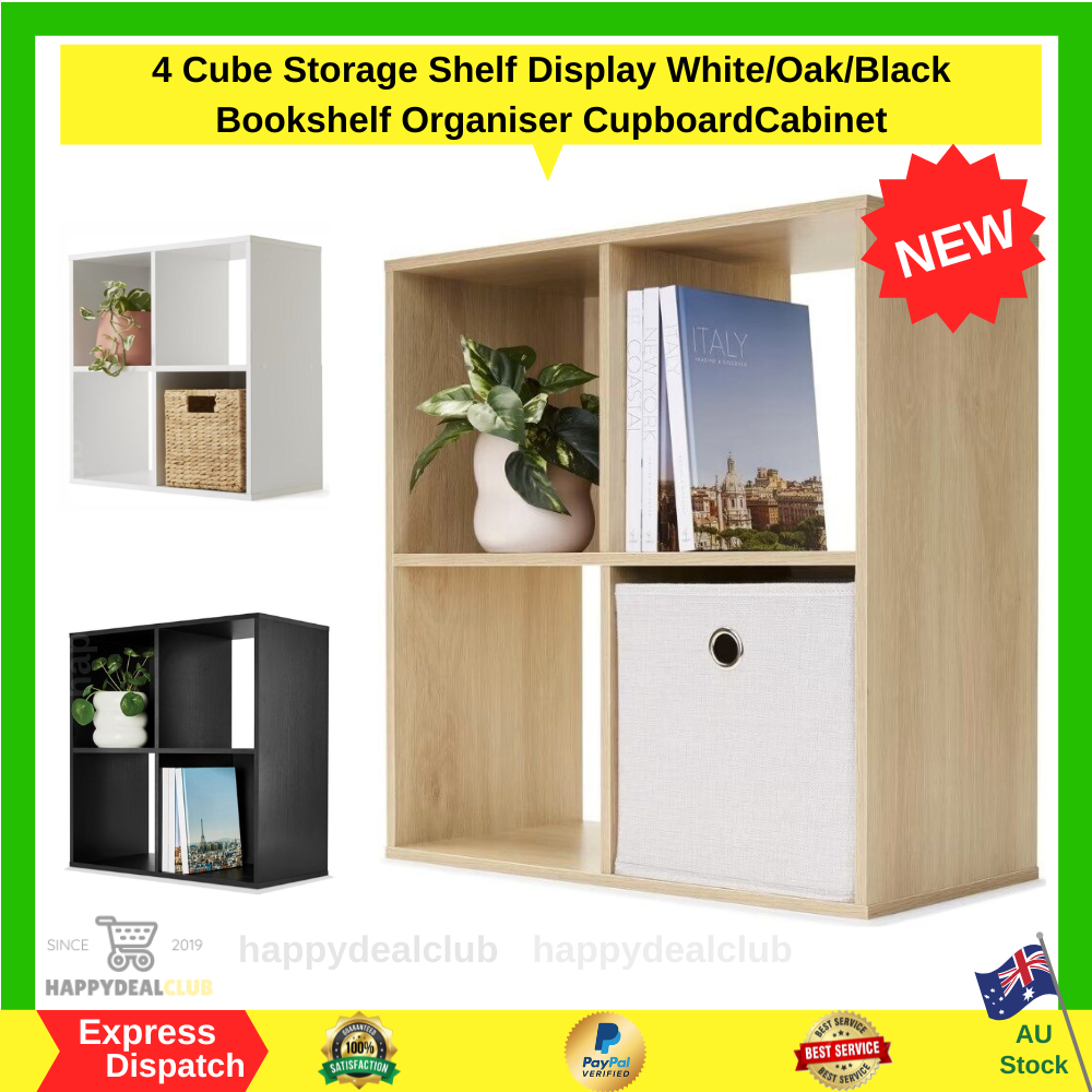 4 Cube Storage Organizer - Open Shelf Bookcase, Freestanding For Home Office, Oak Finish
