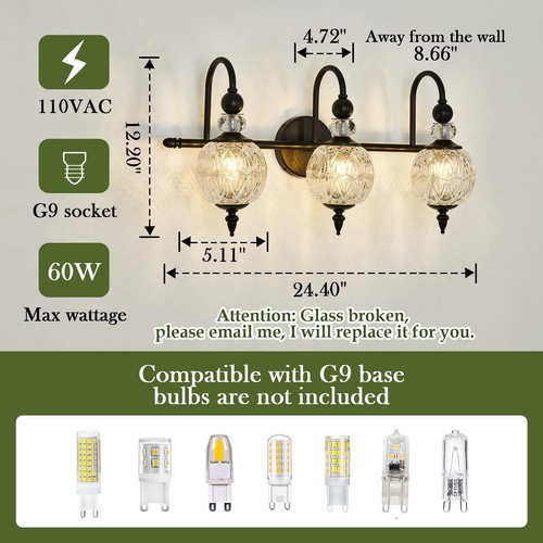 Vintage Bathroom Light Fixtures Black Vanity Light with Glass Globe LampShade... - 第 2/9 張圖片