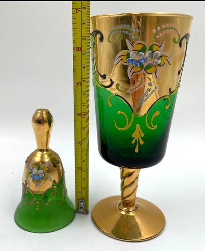 Juego de copas y campanas de cristal de Murano flores de oro verde cristal artístico vintage T2140 CG55 - Imagen 2 de 14