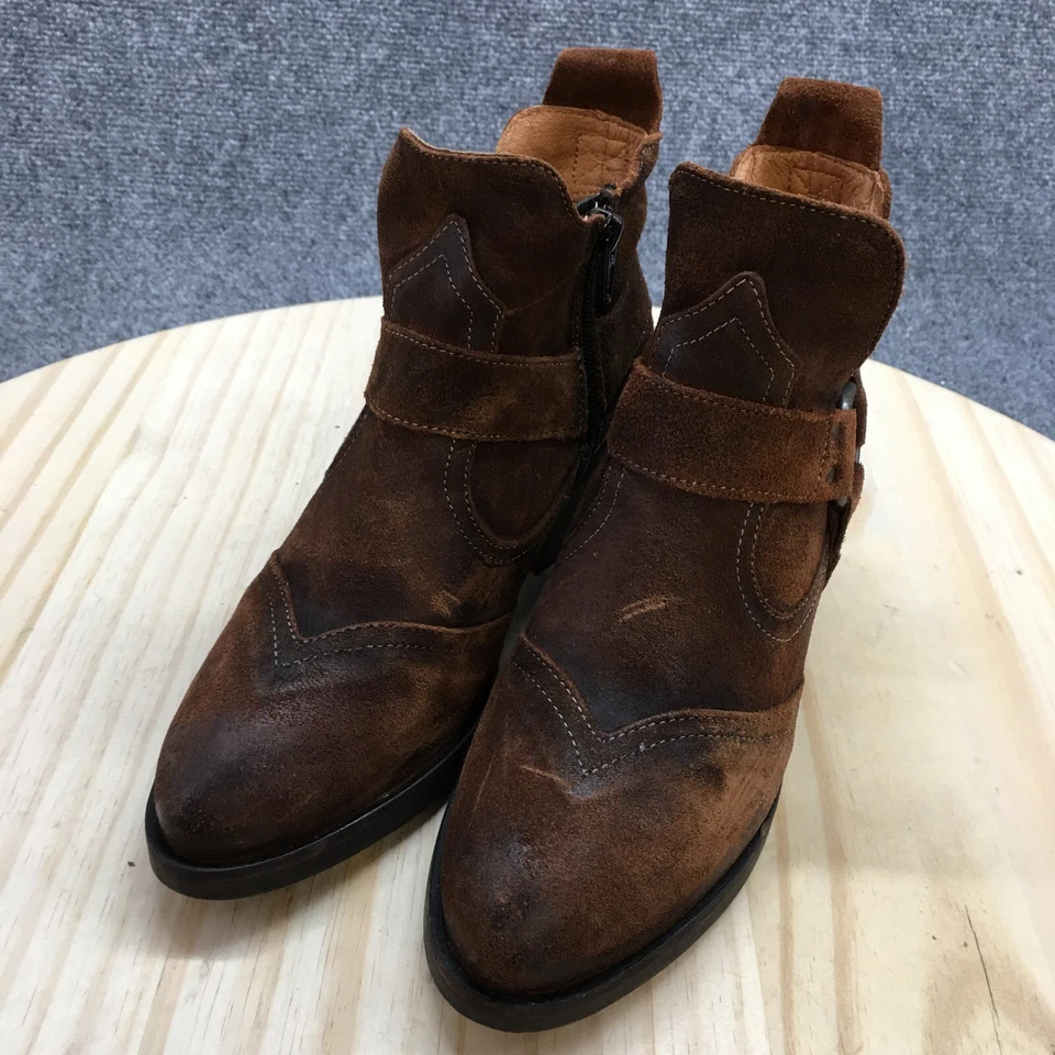 Taos Boots Womens 6-6.5 Harness Ankle Booties Heels Brown Leather Side Zippers - Image 3 of 4