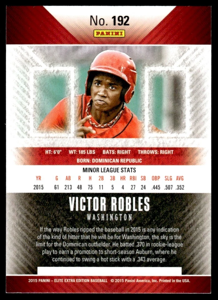 2015 Panini Elite Extra Edition Victor Robles Washington Nationals #192 R99 - Image 2 of 2
