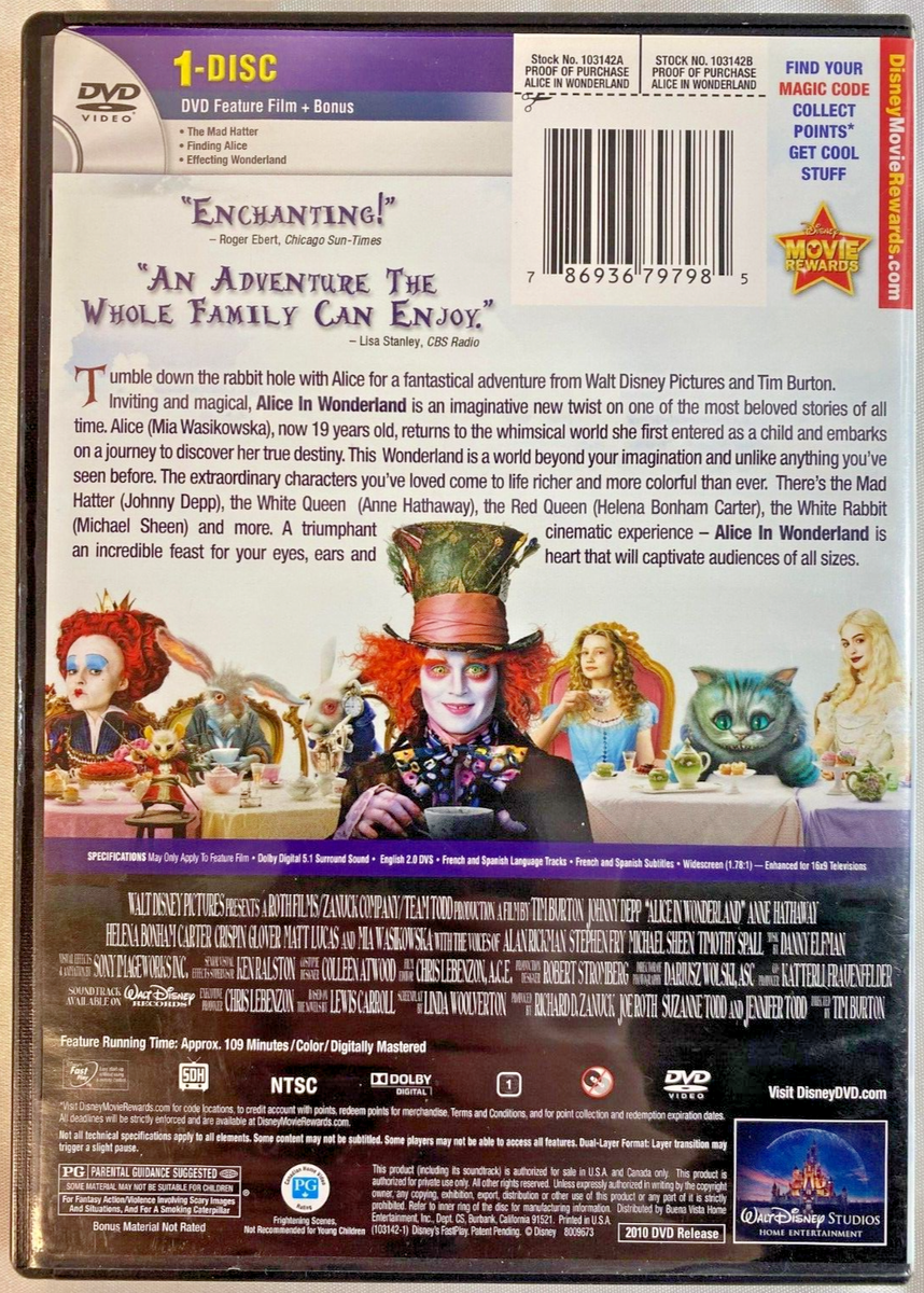 Disney's Alice in Wonderland 2010 DVD by Tim Burton with Johnny