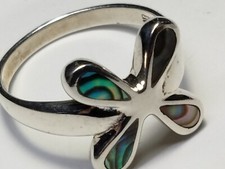 LOVELY ABALONE SHELL INLAYS IN TRENDY STERLING SILVER.925 RING SIZE 8.75-9.0 