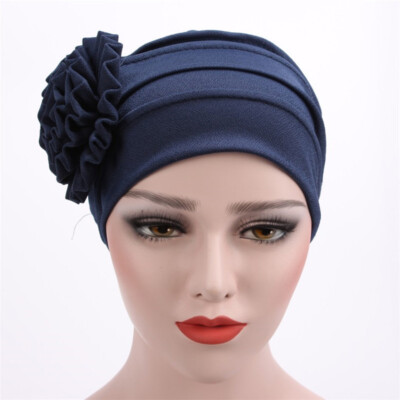 JDYaoYing Velvet Turban Head Wrap With Pearls - Floral Beanie Cap For Women, Navy Blue Hair Cover - View #4